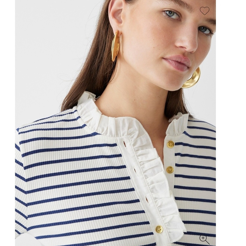 J. Crew Ruffle-Collar Shirt Striped Vintage Rib Large‎ Ivory Navy Henley